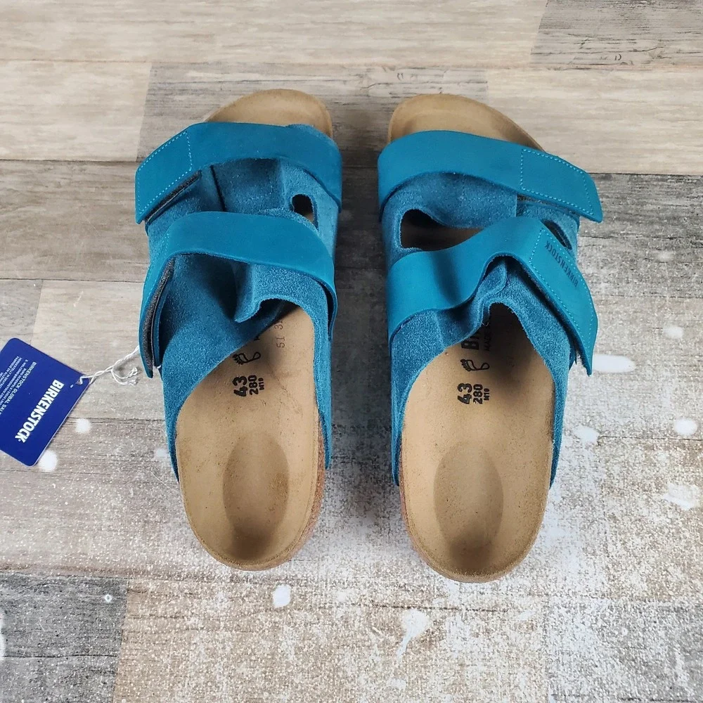 Birkenstock Uji Mens Slide Sandals Sz 10 Deep Turquoise Suede Hook & Loop Strap